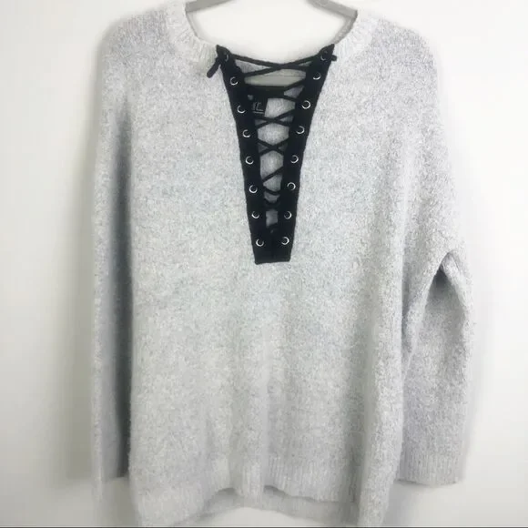 FOREVER 21 | Fuzzy Lace Up Sweater Light Gray & Black Women’s Size Large - Picture 2 of 8